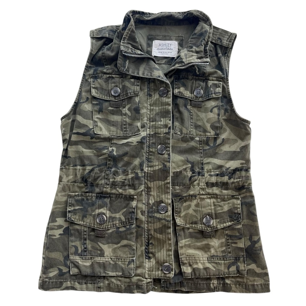 Ashley Women’s M Army Green Camo Print Zip Button Front Utility Cinch Waist Vest